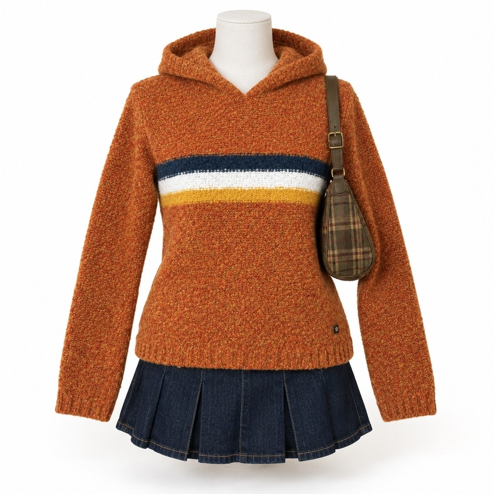 Blue Asphalt Y2K Popcorn Knit Hoodie Orange Striped Textured Sweater S